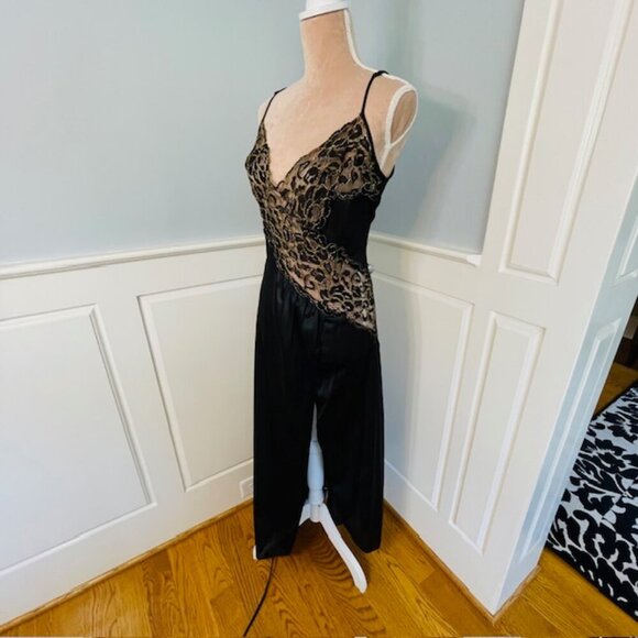 Colesce Collection Vintage 80s Black Gold Sheer Lace Lingerie Maxi Slip Dress 1X - Picture 5 of 12